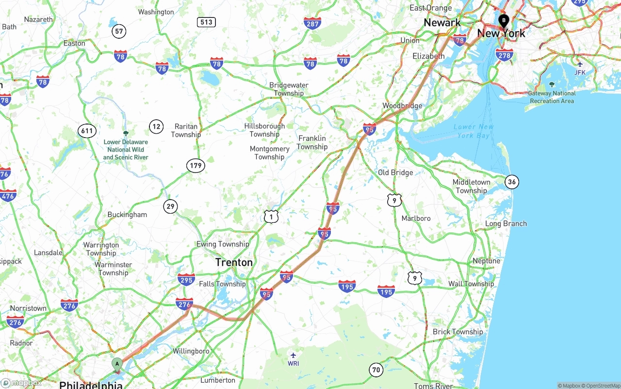 Shipping route from Port of Philadelphia to New York City