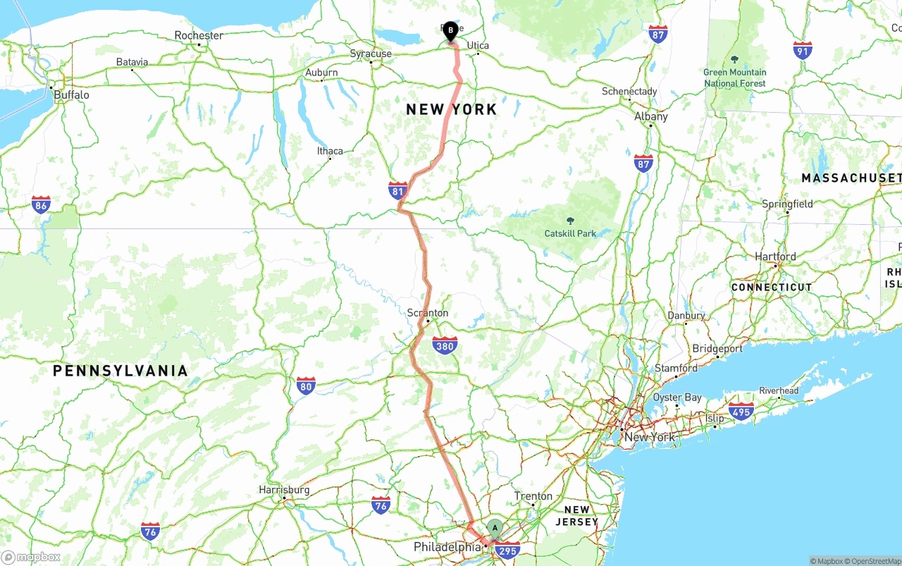 Shipping route from Port of Philadelphia to New York