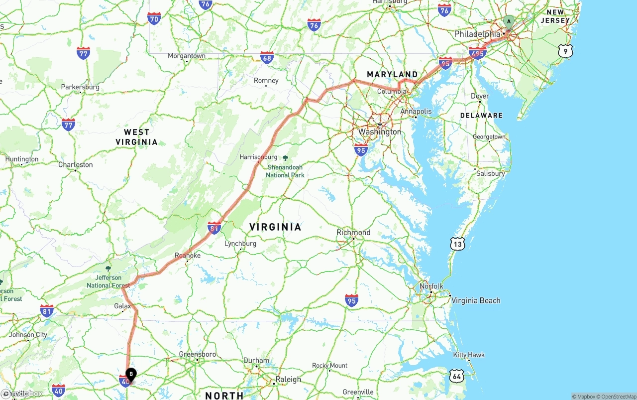 Shipping route from Port of Philadelphia to North Carolina
