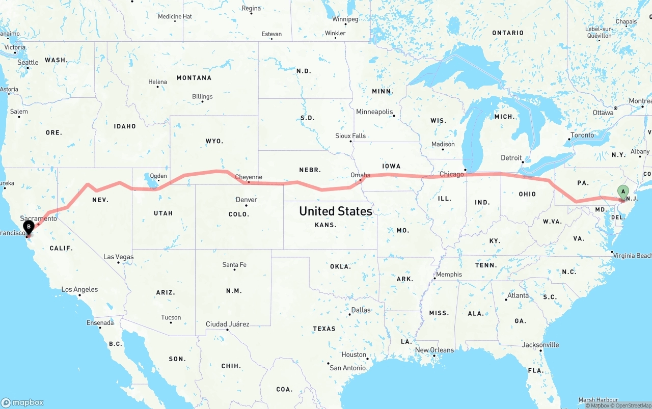 Shipping route from Port of Philadelphia to Oakland