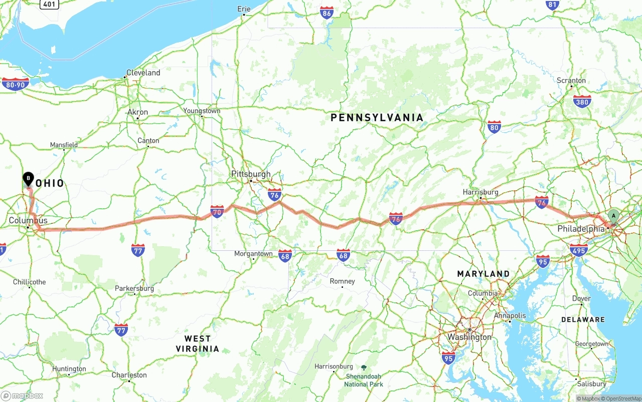 Shipping route from Port of Philadelphia to Ohio