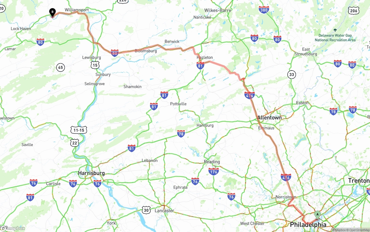 Shipping route from Port of Philadelphia to Pennsylvania