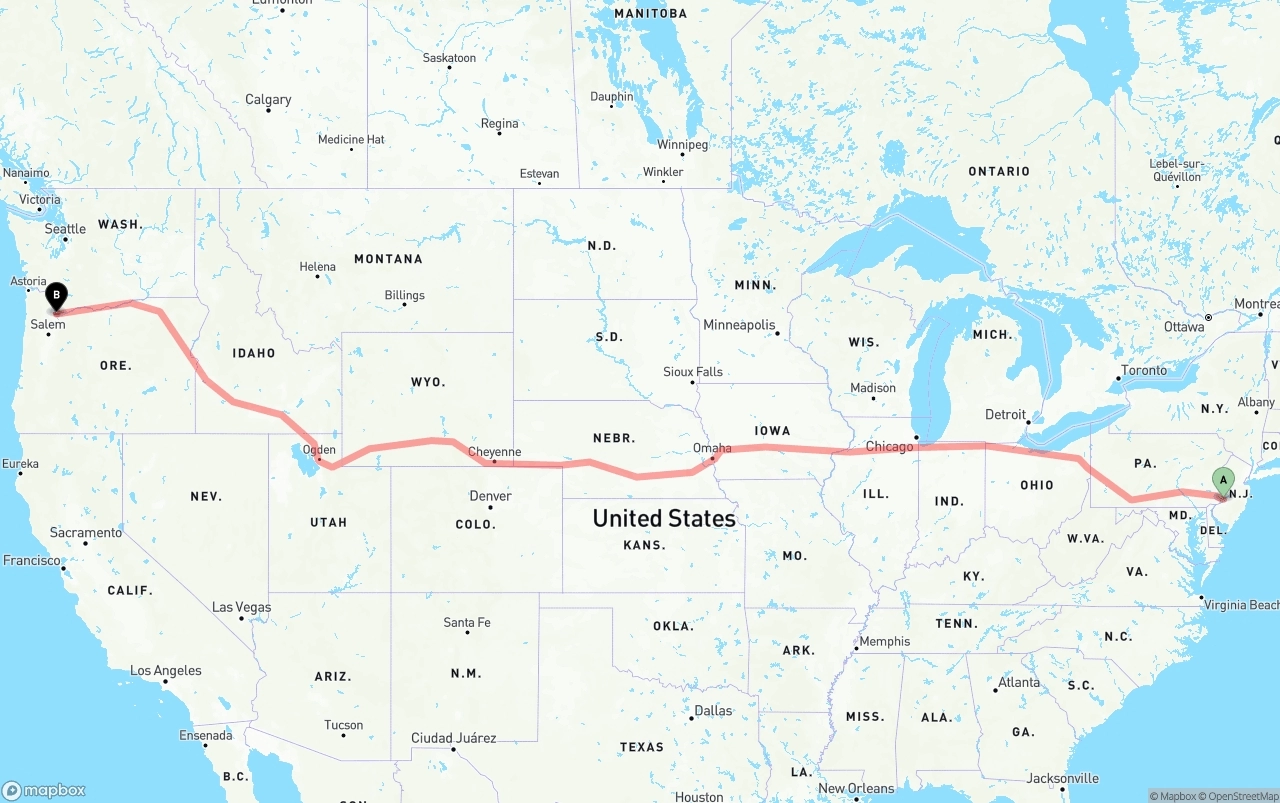 Shipping route from Port of Philadelphia to Portland