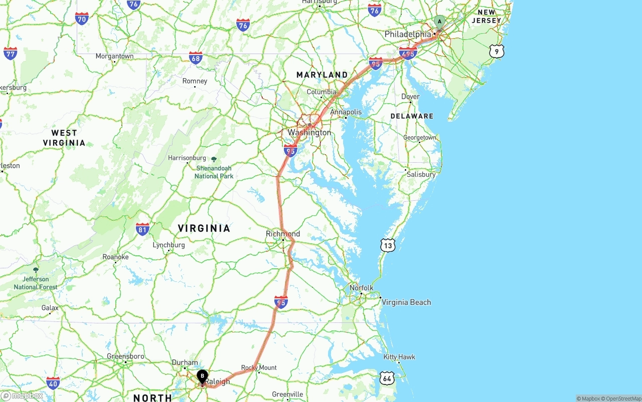 Shipping route from Port of Philadelphia to Raleigh