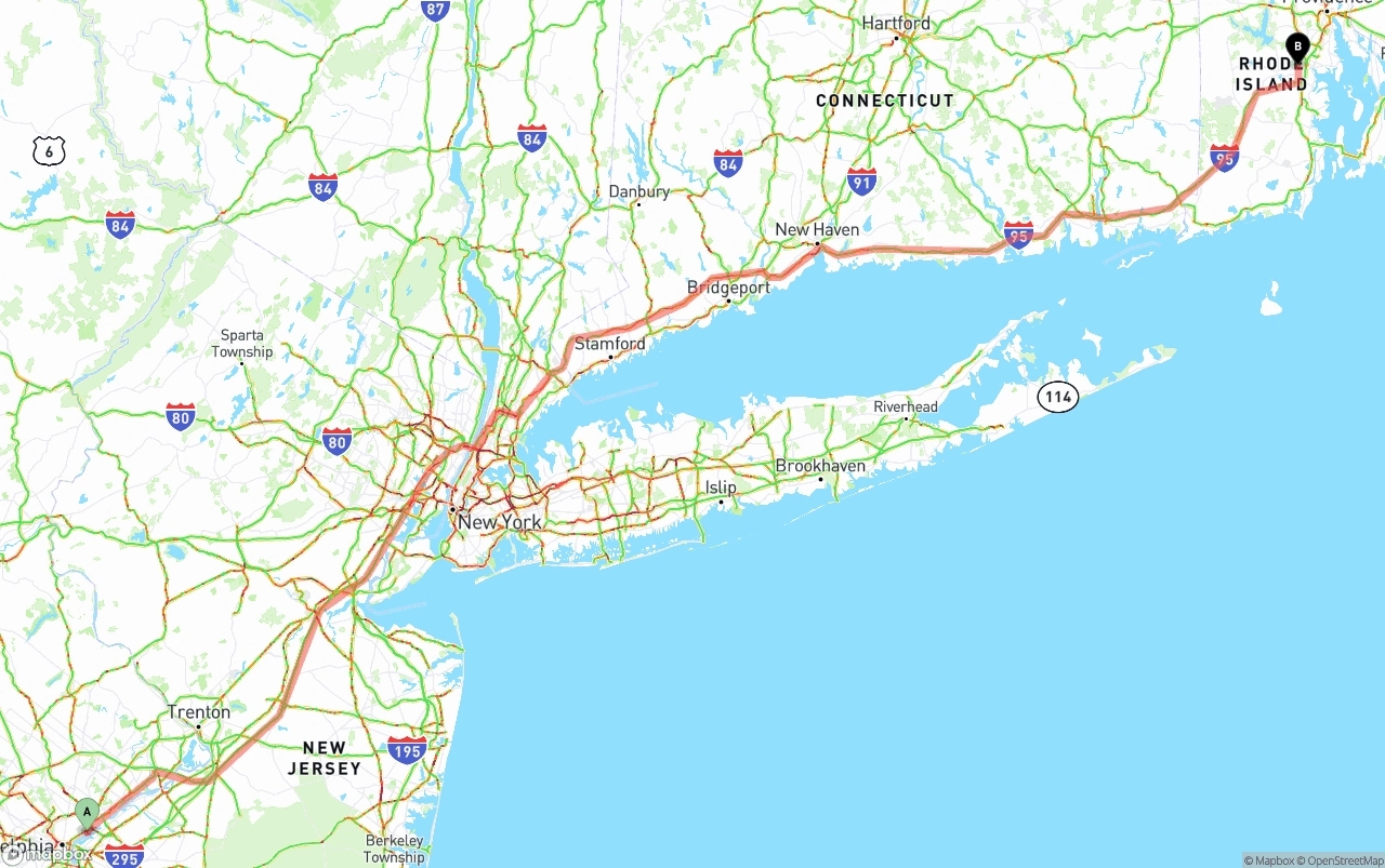 Shipping route from Port of Philadelphia to Rhode Island
