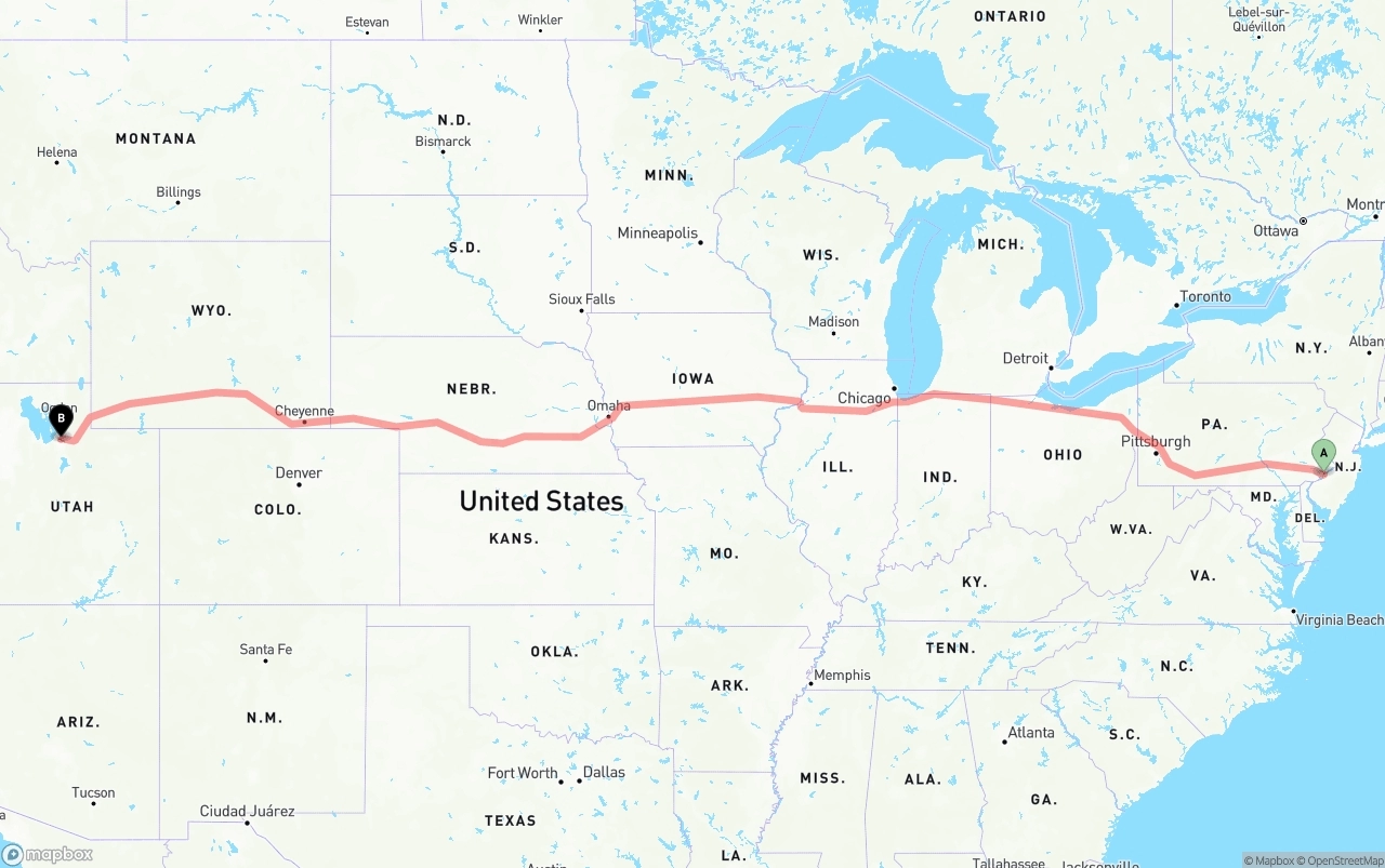 Shipping route from Port of Philadelphia to Salt Lake City