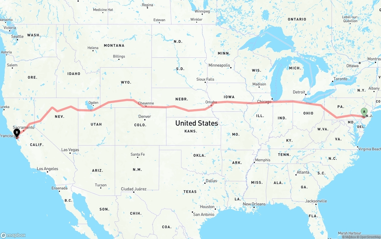 Shipping route from Port of Philadelphia to San Francisco