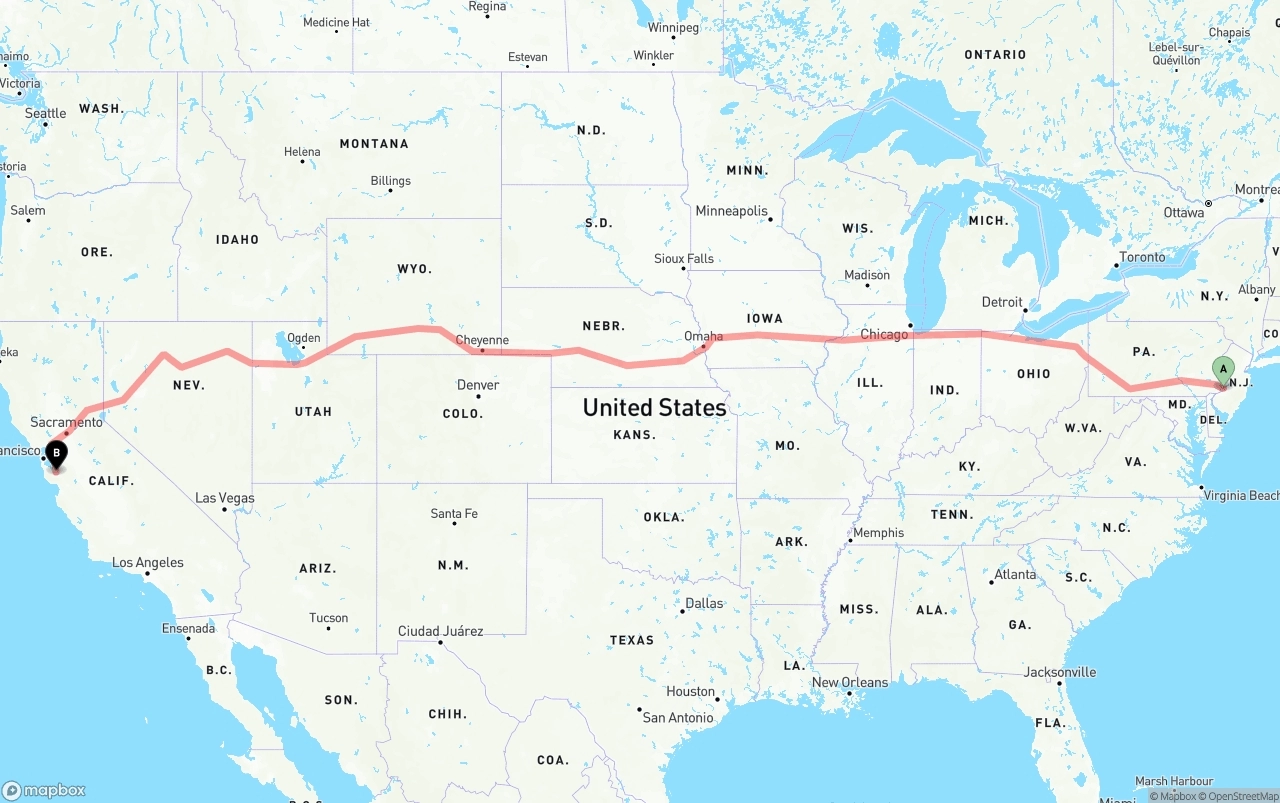 Shipping route from Port of Philadelphia to San Jose