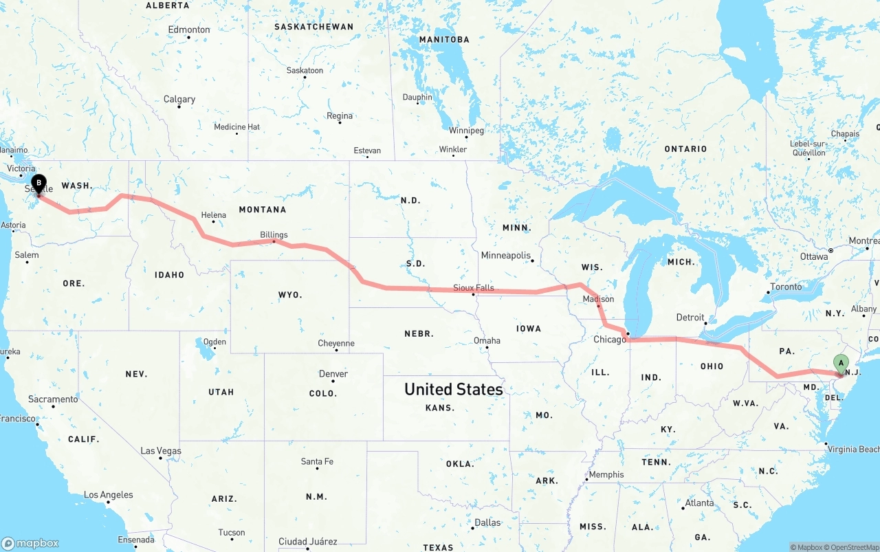 Shipping route from Port of Philadelphia to Seattle
