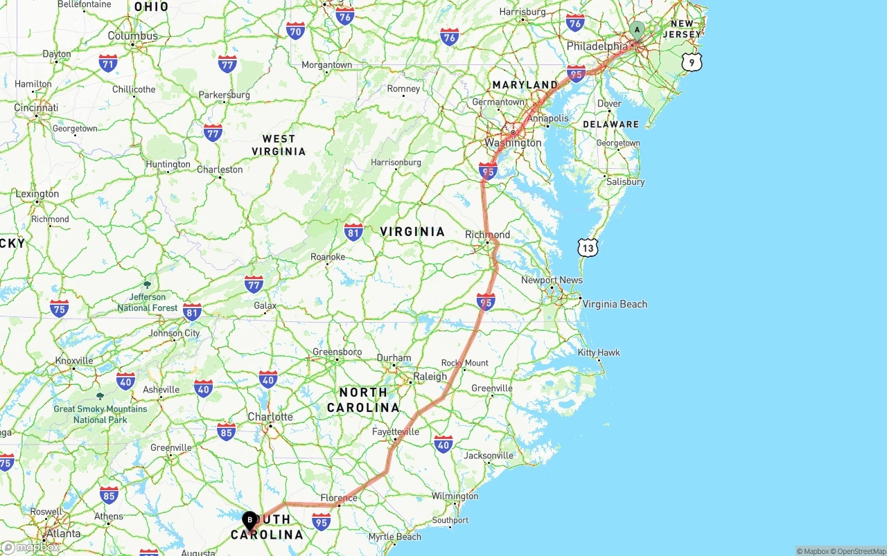 Shipping route from Port of Philadelphia to South Carolina