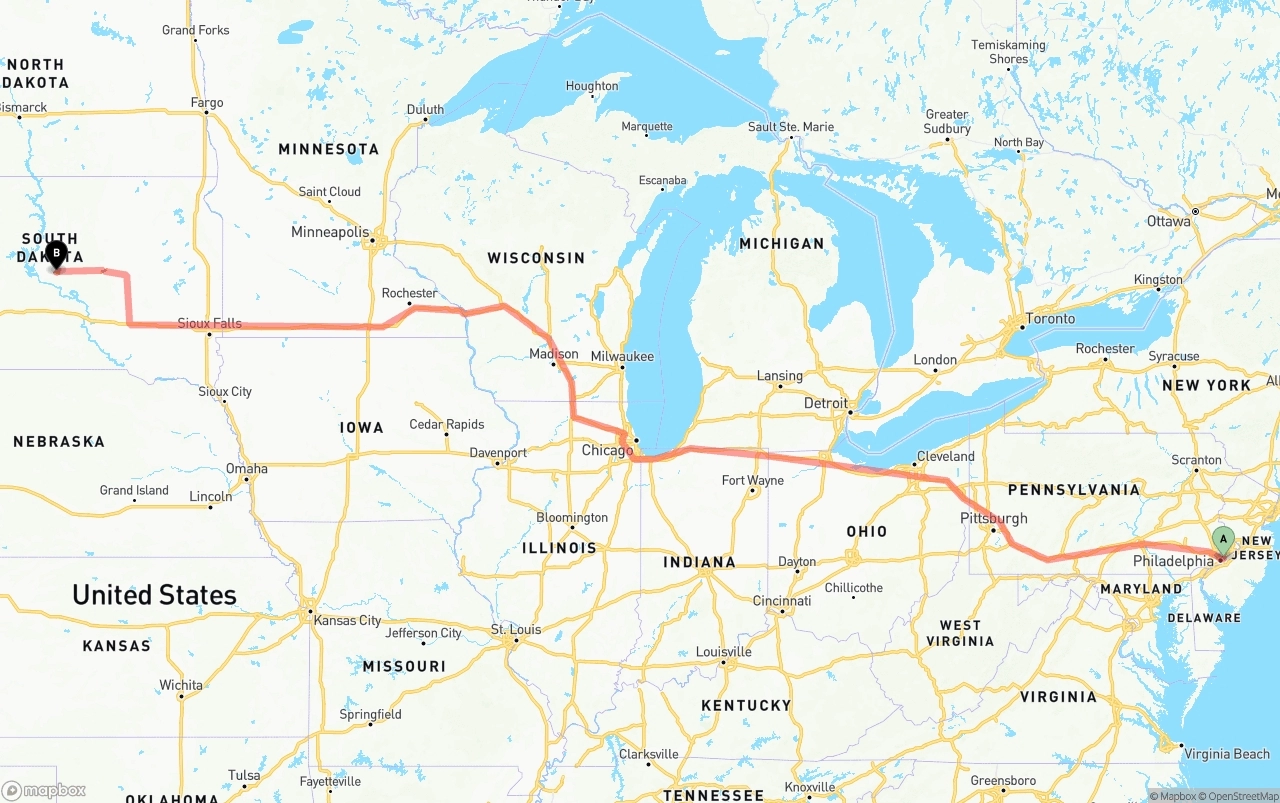 Shipping route from Port of Philadelphia to South Dakota