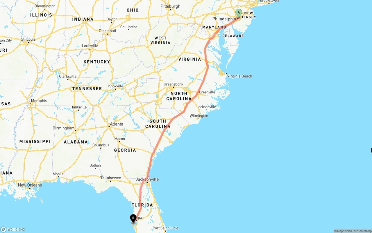 Shipping route from Port of Philadelphia to St. Petersburg