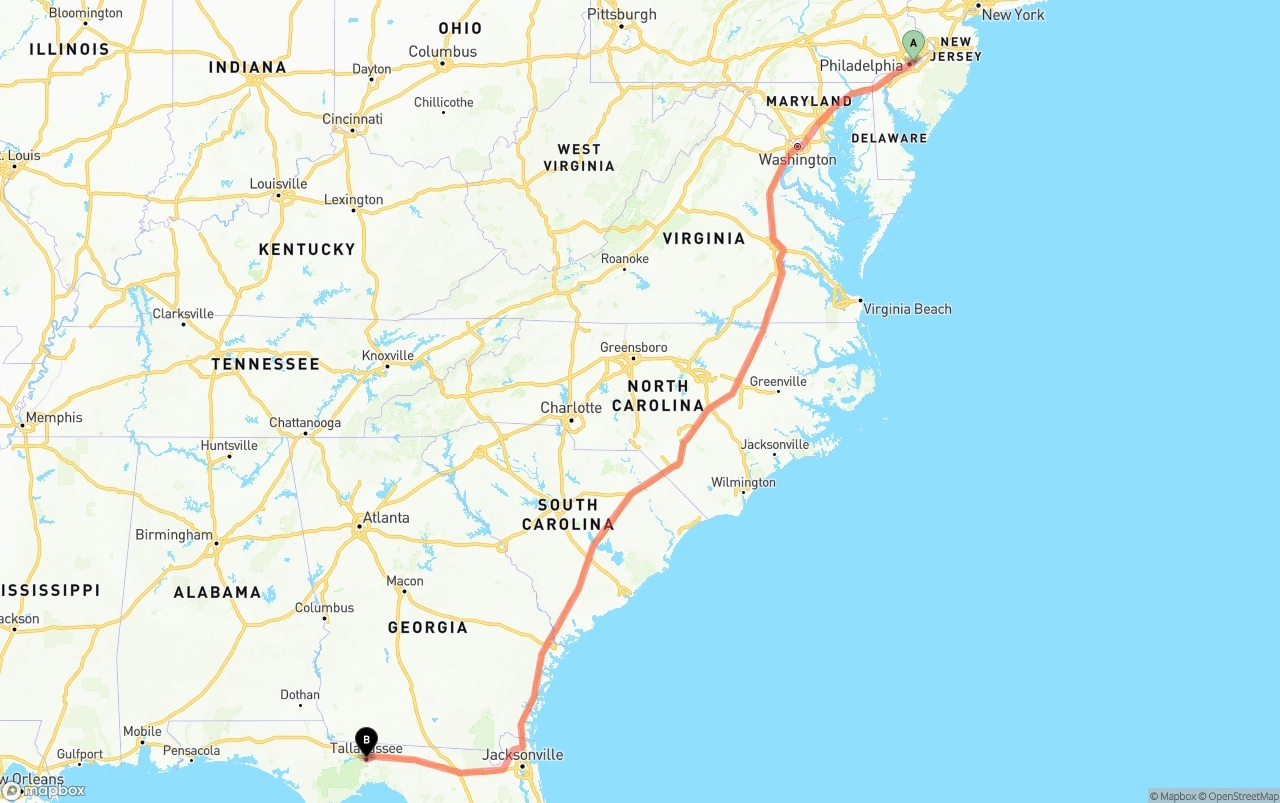 Shipping route from Port of Philadelphia to Tallahassee