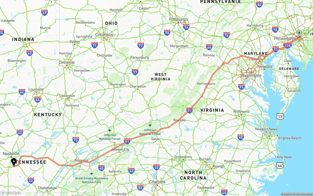 Shipping route from Port of Philadelphia to Tennessee