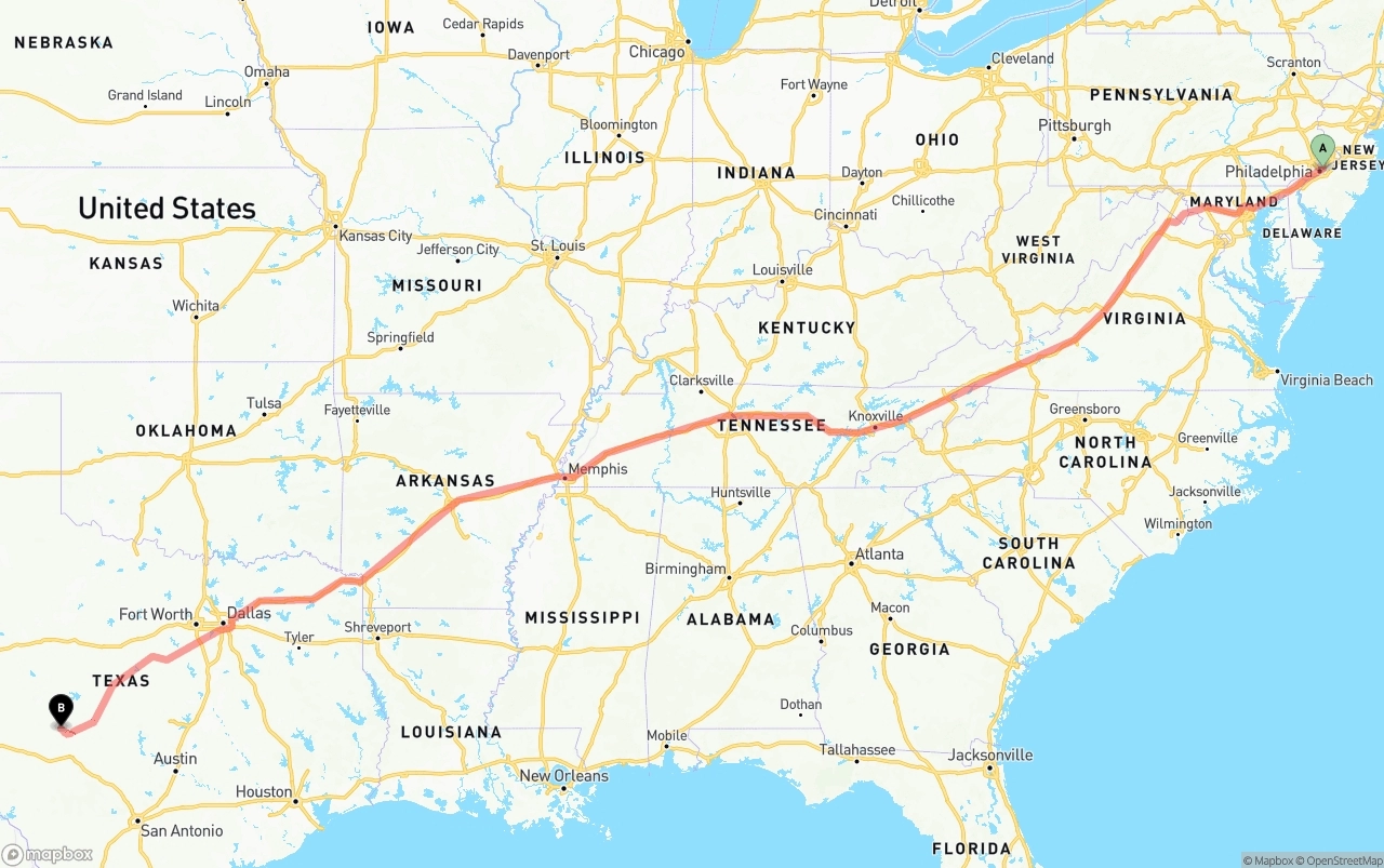 Shipping route from Port of Philadelphia to Texas