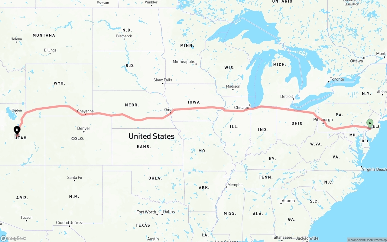 Shipping route from Port of Philadelphia to Utah