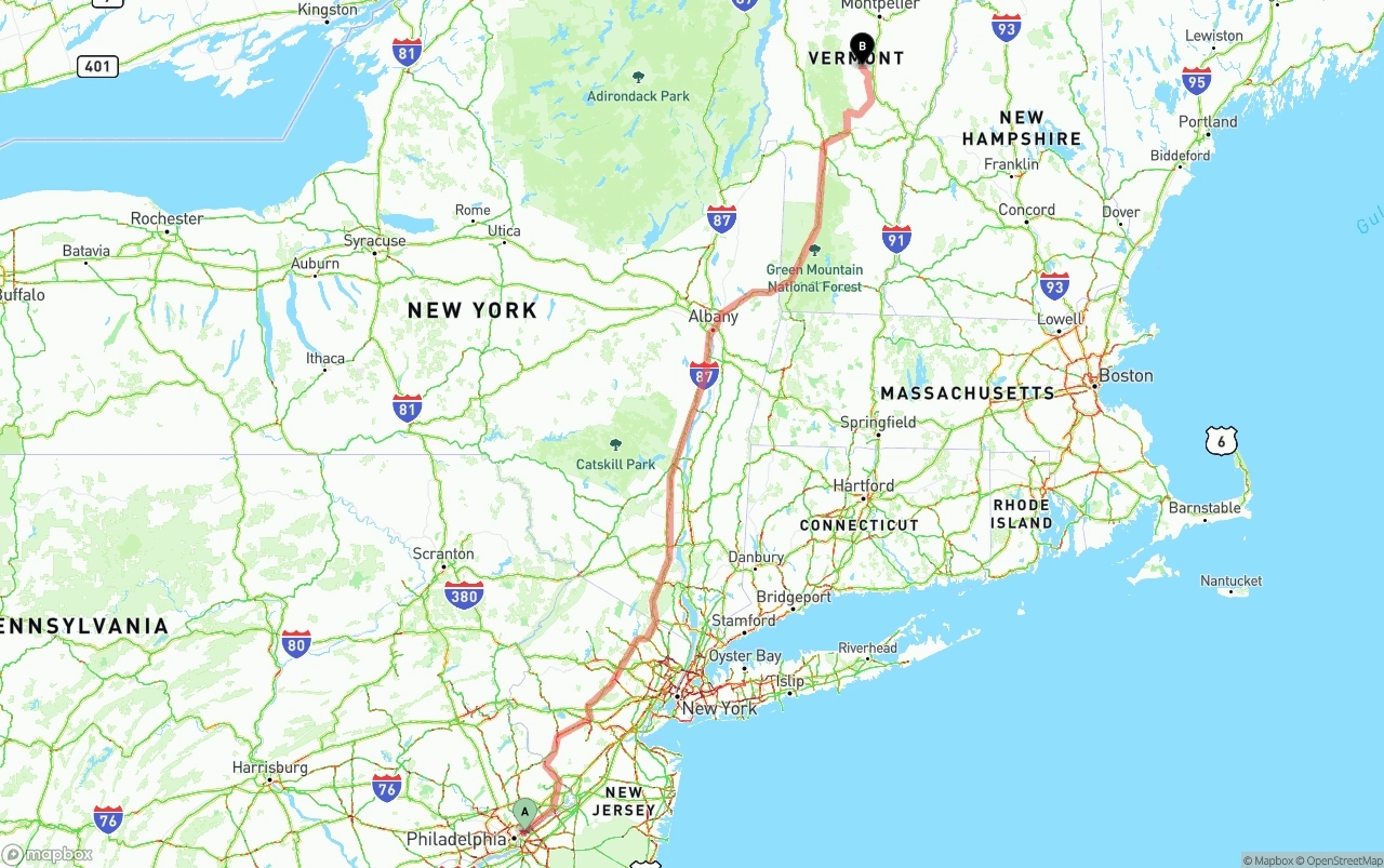 Shipping route from Port of Philadelphia to Vermont