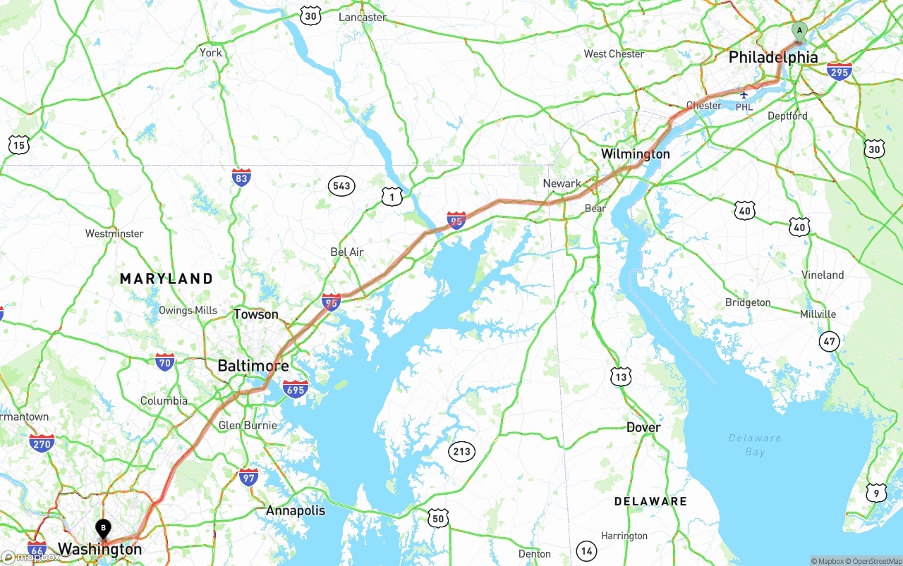 Shipping route from Port of Philadelphia to Washington D.C.