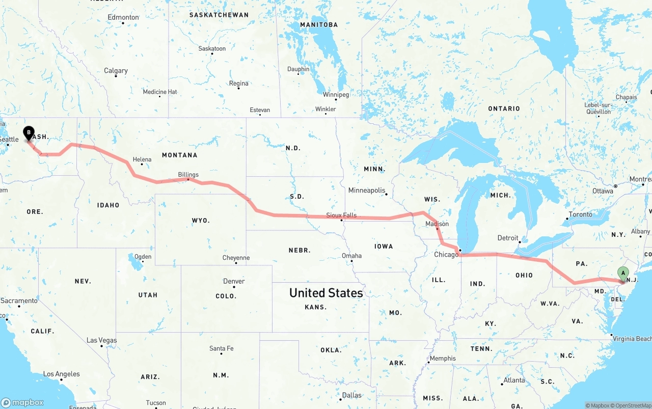 Shipping route from Port of Philadelphia to Washington