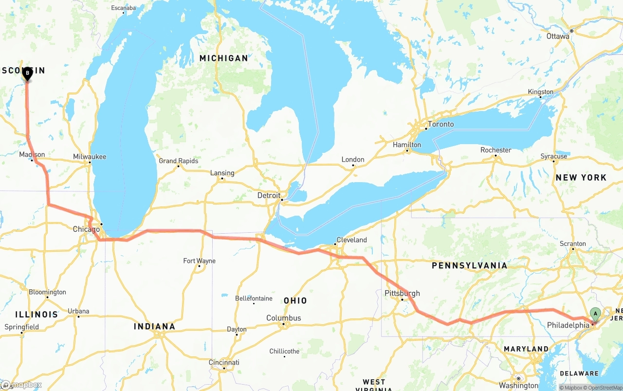 Shipping route from Port of Philadelphia to Wisconsin