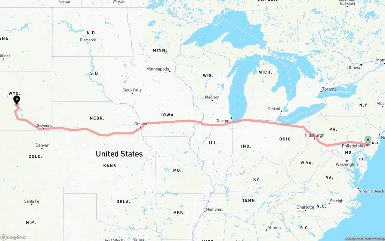 Shipping route from Port of Philadelphia to Wyoming