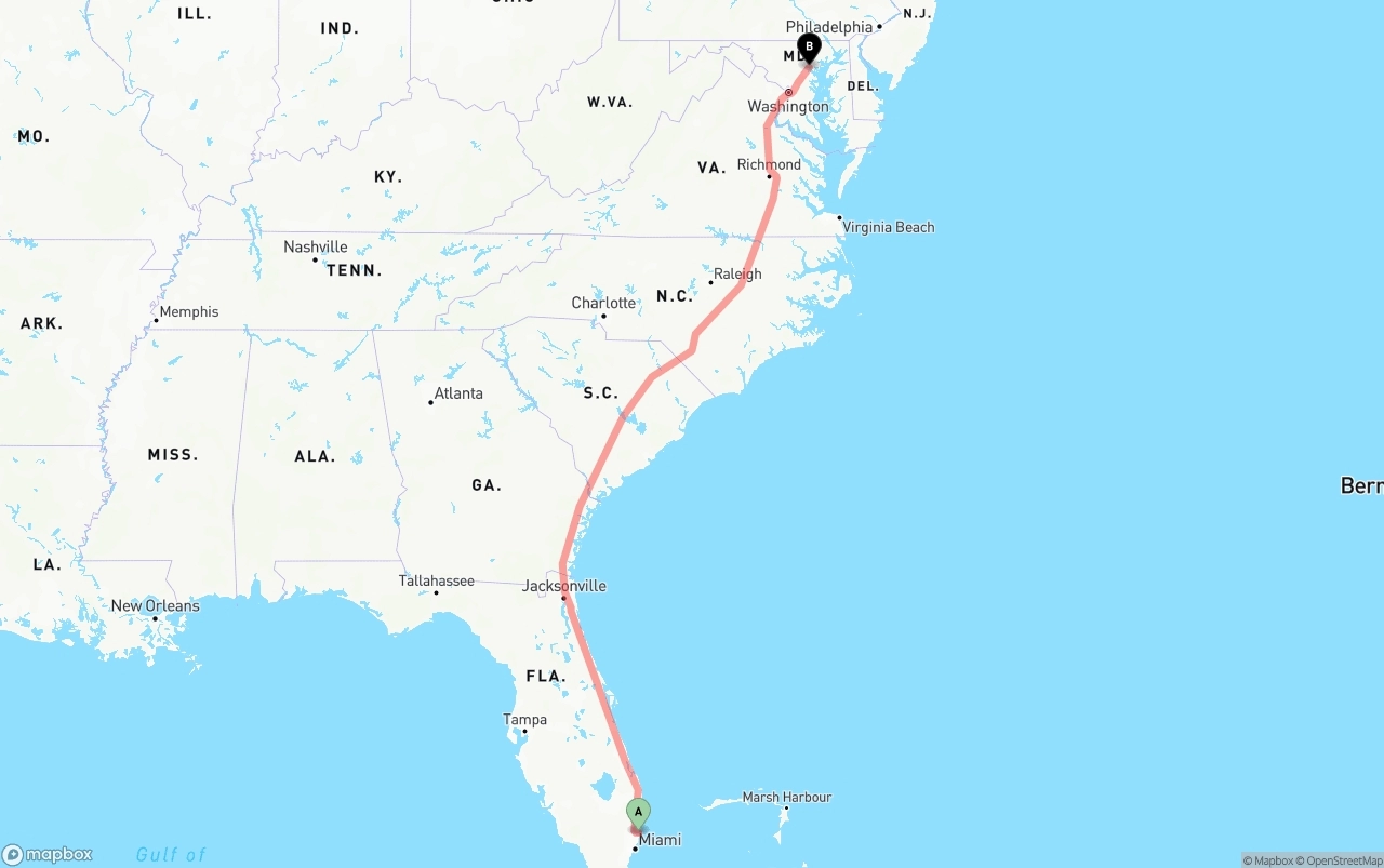 Shipping route from Port of Port Everglades to Baltimore