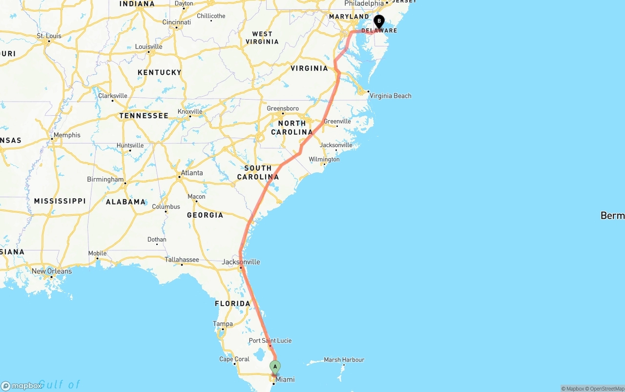 Shipping route from Port of Port Everglades to Delaware