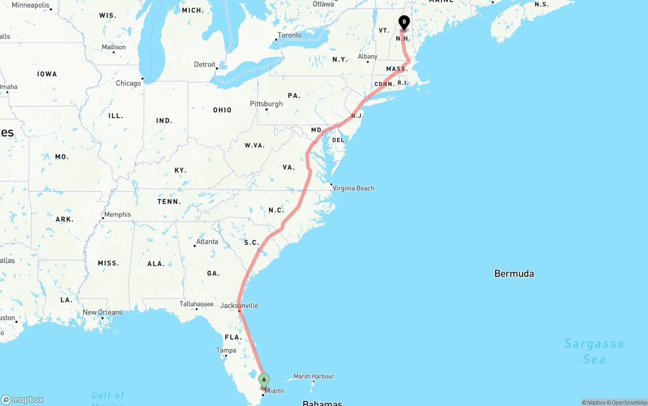 Shipping route from Port of Port Everglades to New Hampshire