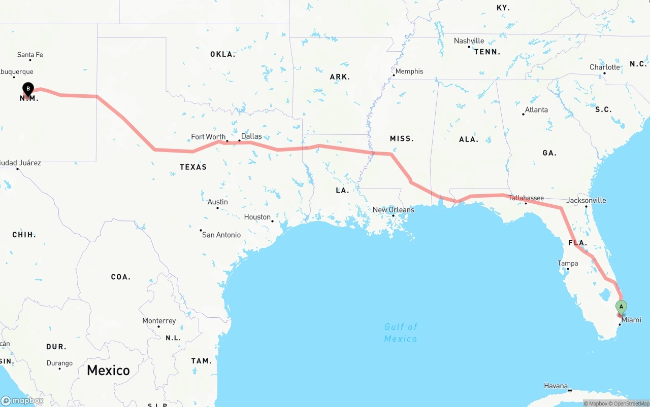 Shipping route from Port of Port Everglades to New Mexico