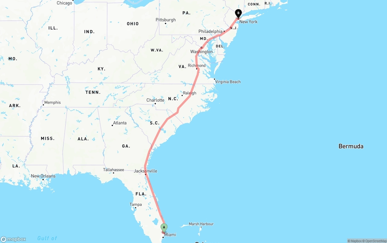 Shipping route from Port of Port Everglades to New York City