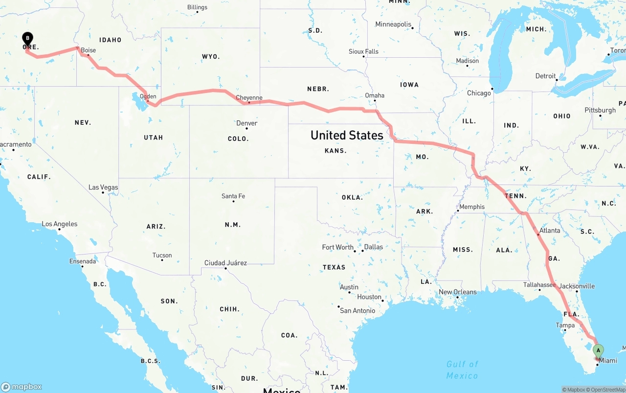 Shipping route from Port of Port Everglades to Oregon