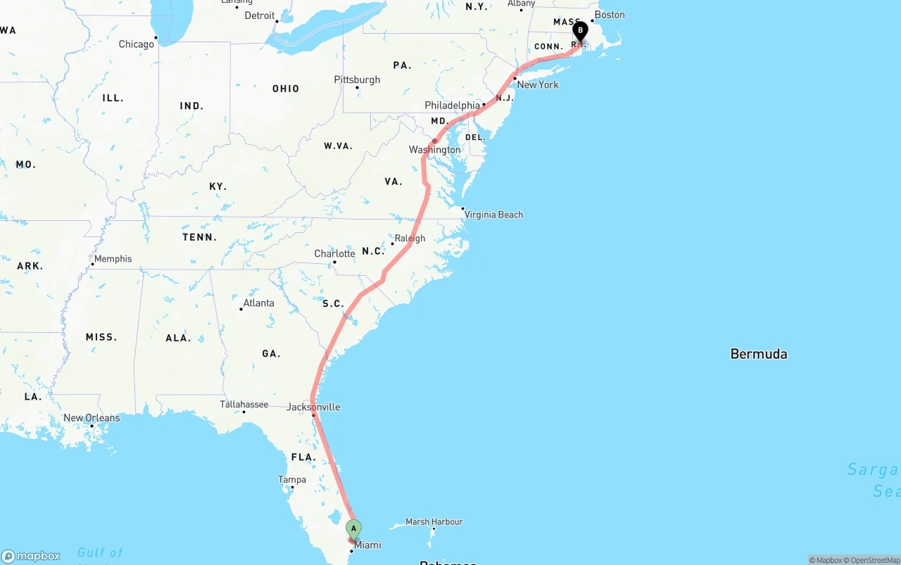Shipping route from Port of Port Everglades to Rhode Island