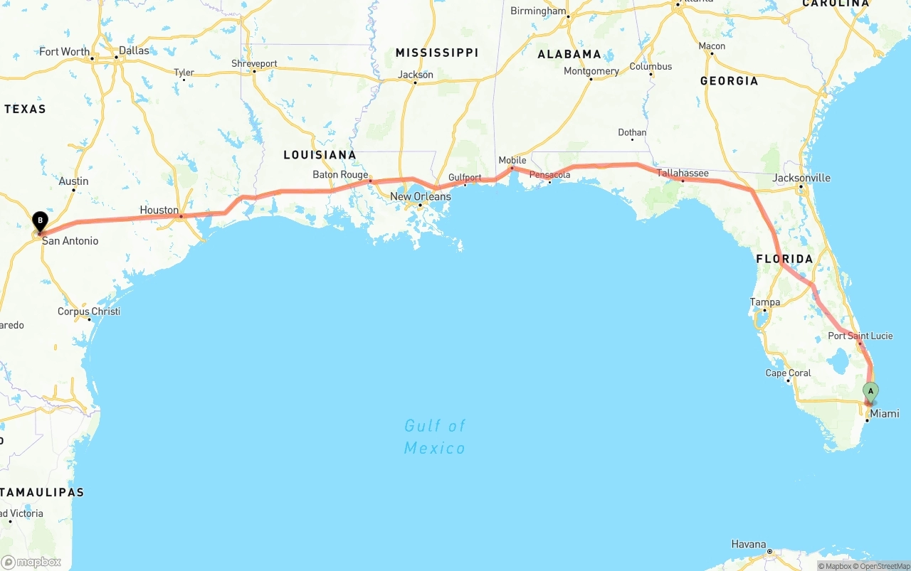 Shipping route from Port of Port Everglades to San Antonio