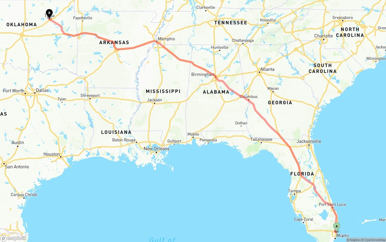 Shipping route from Port of Port Everglades to Tulsa