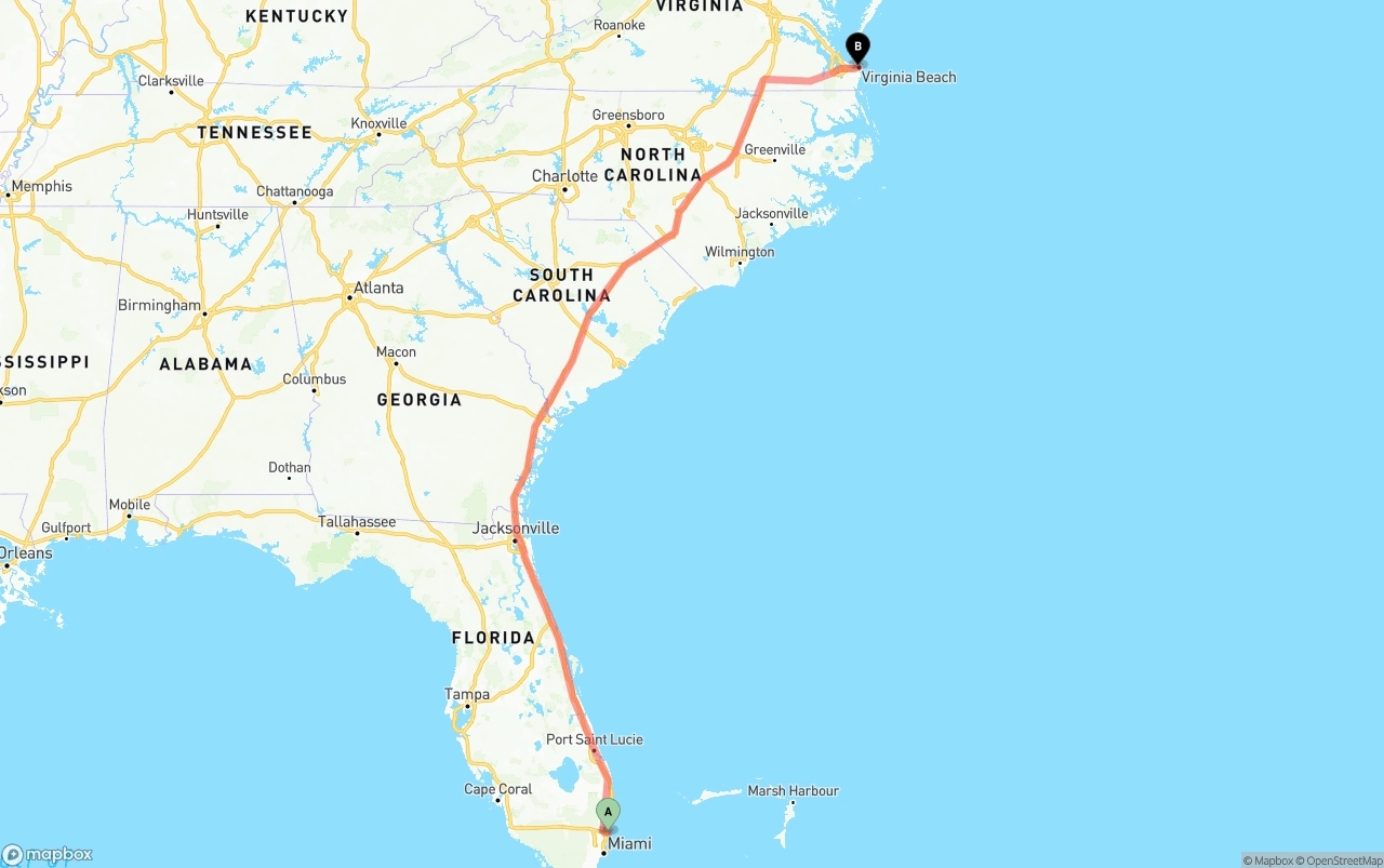 Shipping route from Port of Port Everglades to Virginia Beach