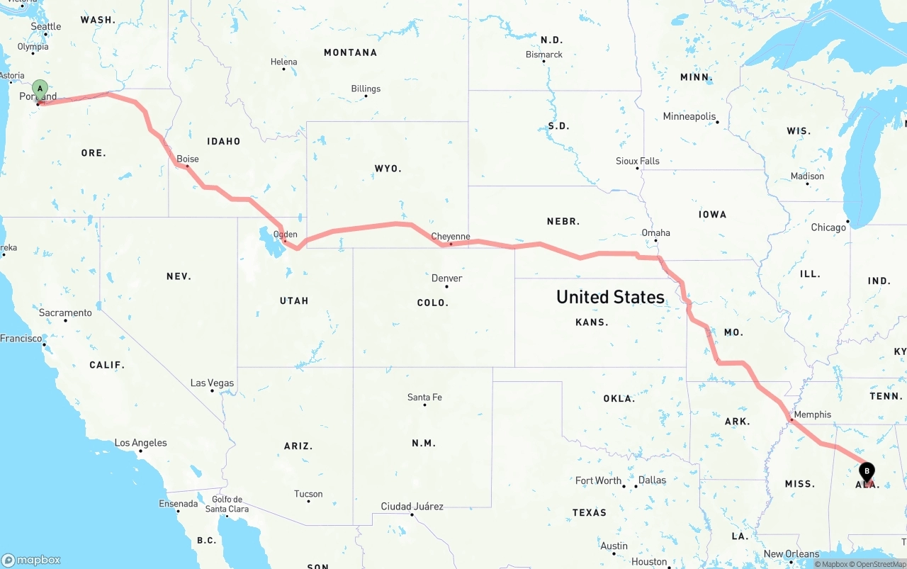 Shipping route from Port of Portland to Alabama