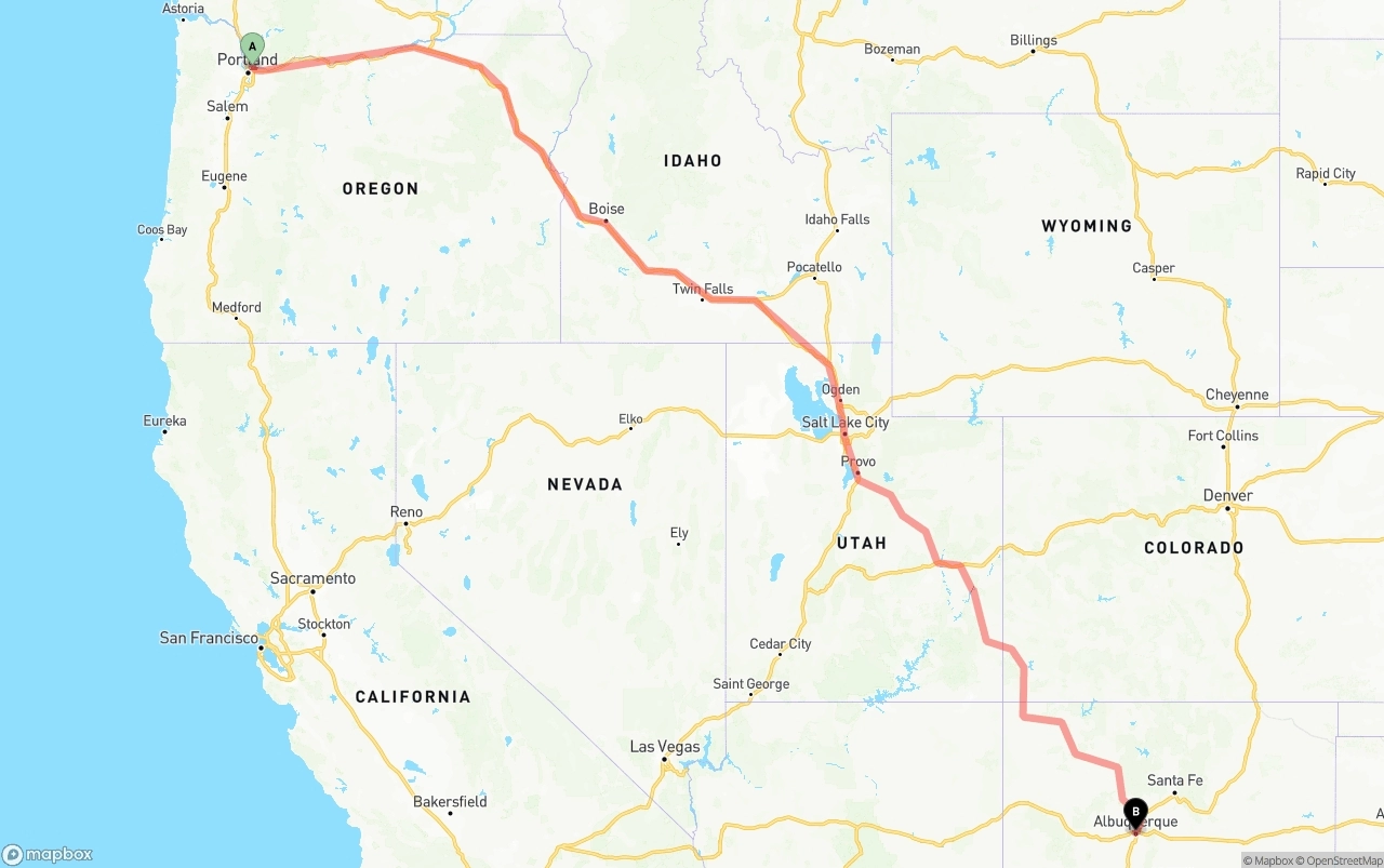Shipping route from Port of Portland to Albuquerque