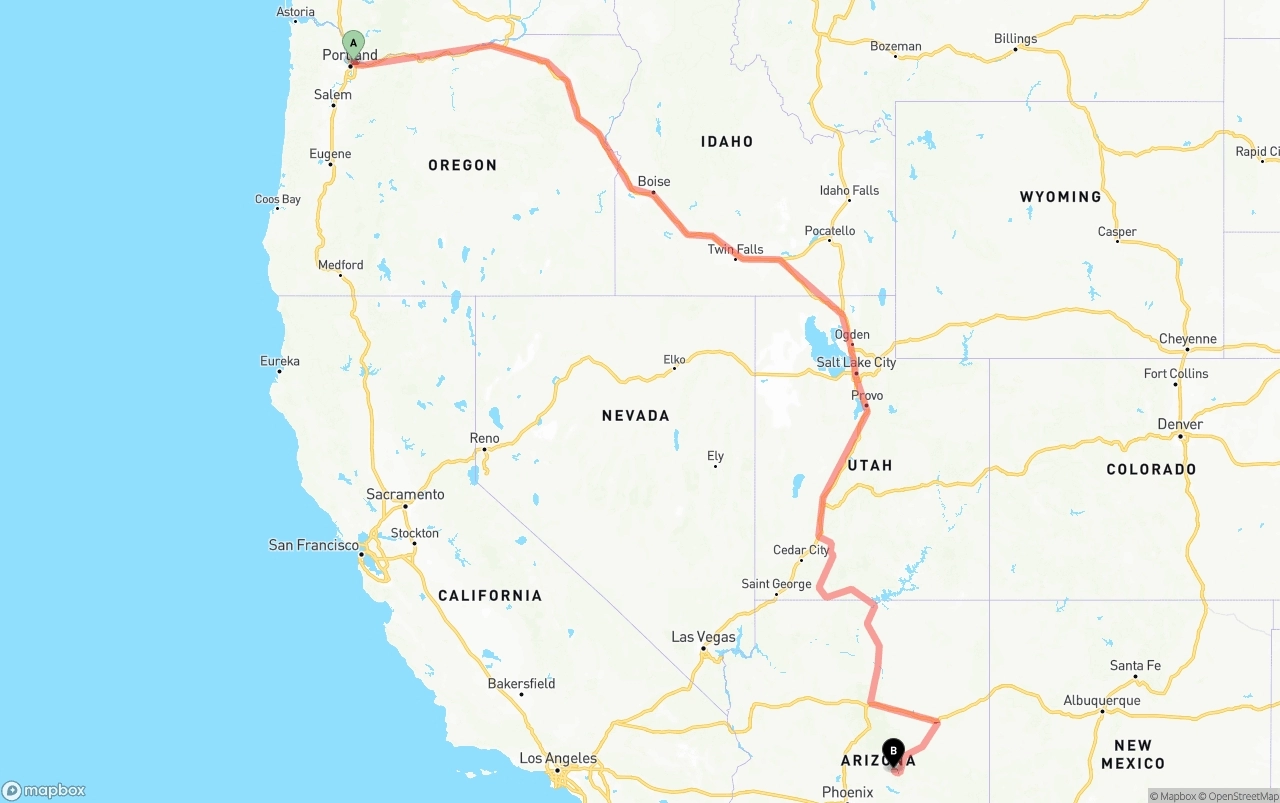 Shipping route from Port of Portland to Arizona