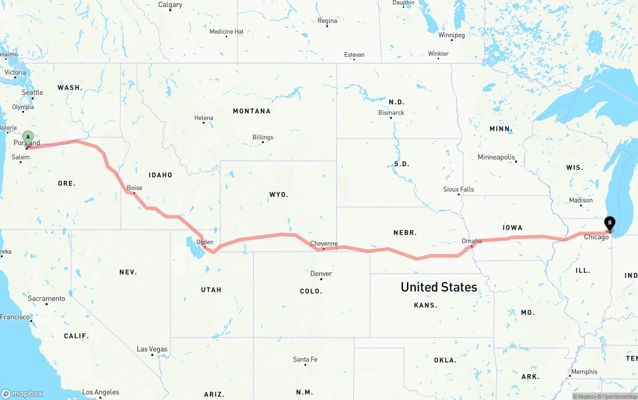 Shipping route from Port of Portland to Chicago