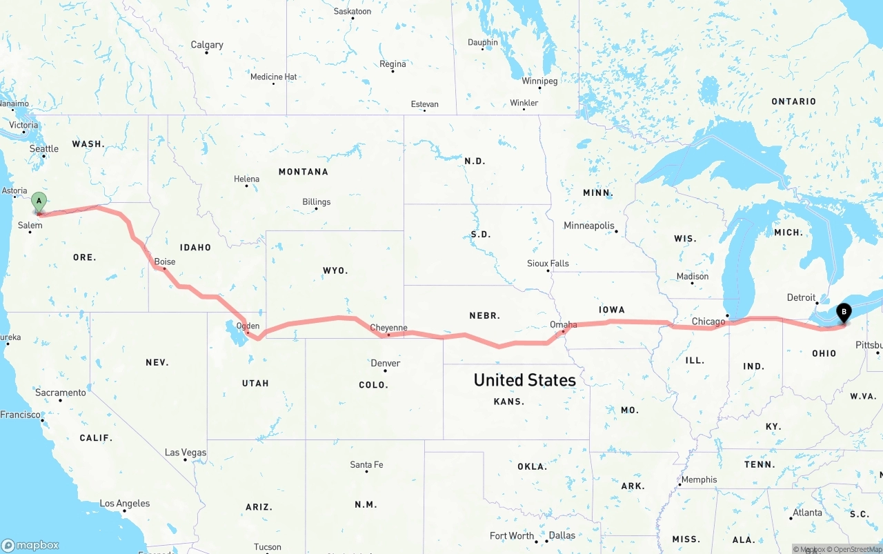 Shipping route from Port of Portland to Cleveland