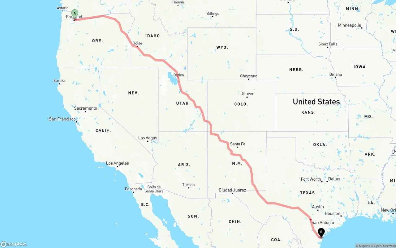 Shipping route from Port of Portland to Corpus Christi