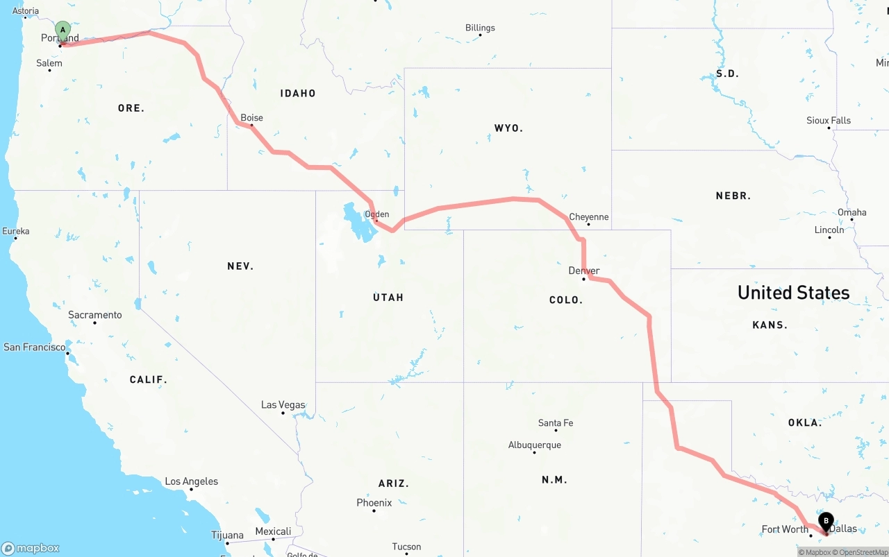 Shipping route from Port of Portland to Dallas