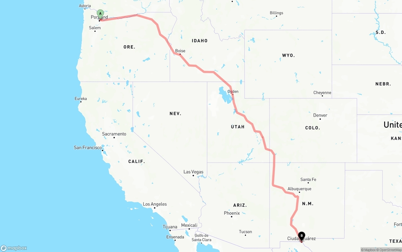 Shipping route from Port of Portland to El Paso