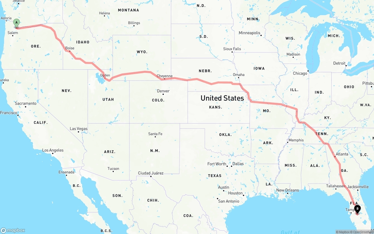 Shipping route from Port of Portland to Florida