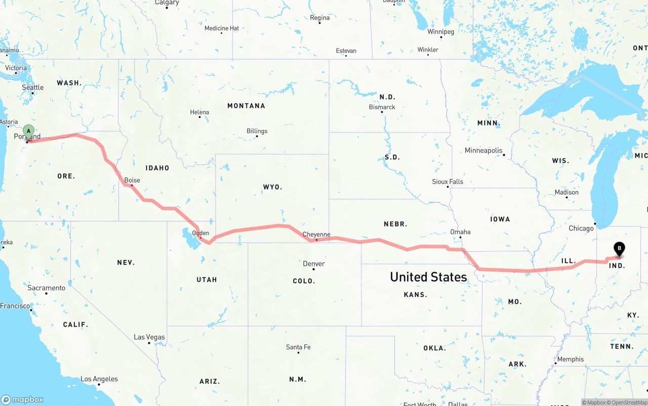 Shipping route from Port of Portland to Indiana