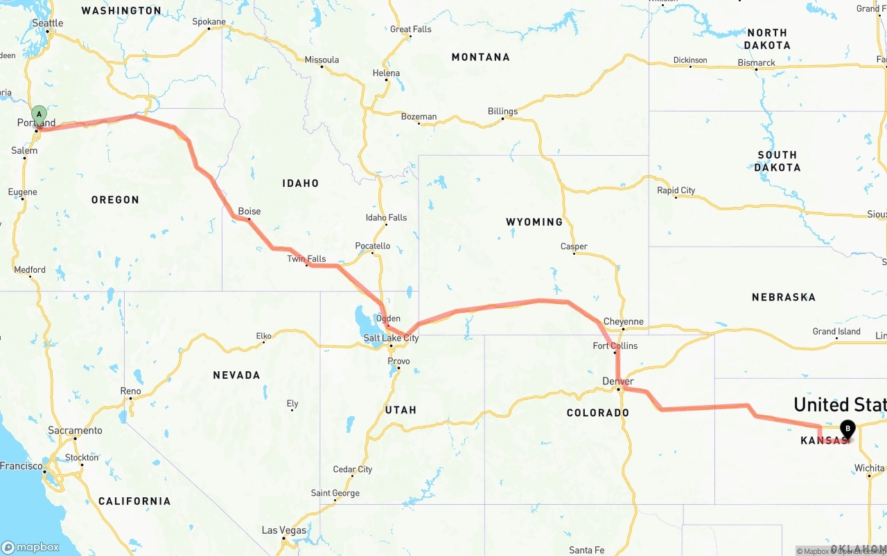 Shipping route from Port of Portland to Kansas