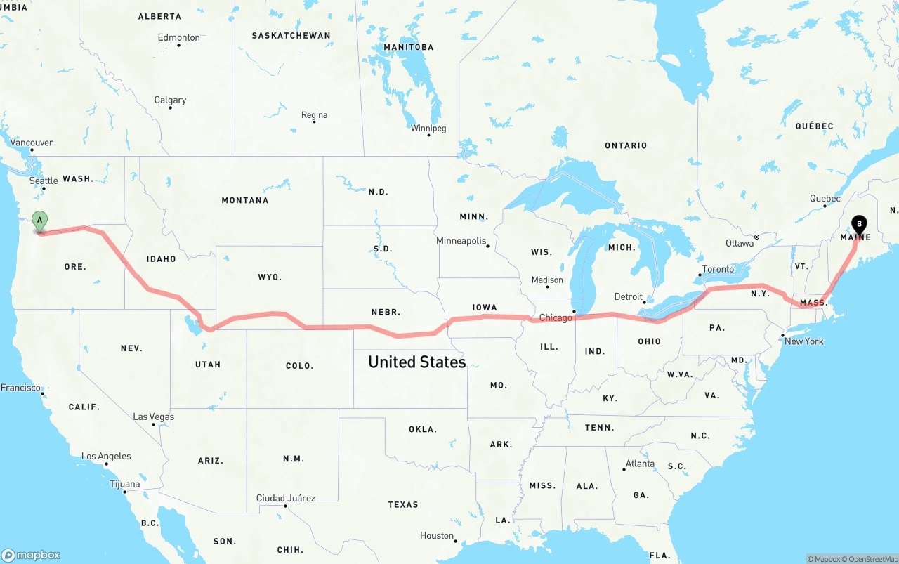 Shipping route from Port of Portland to Maine