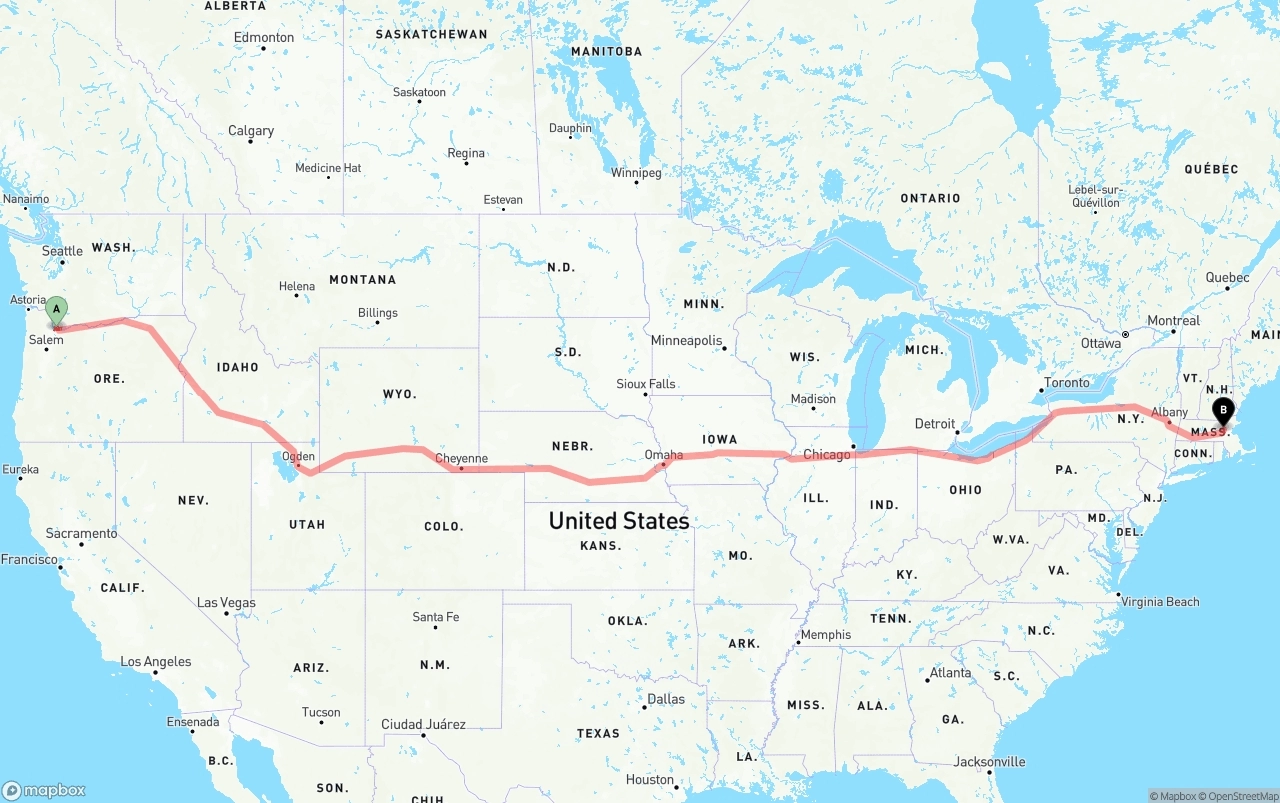 Shipping route from Port of Portland to Massachusetts