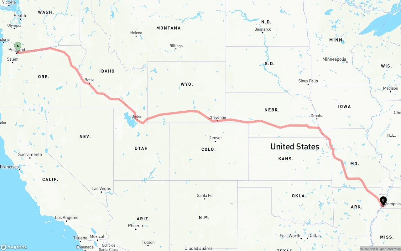 Shipping route from Port of Portland to Memphis