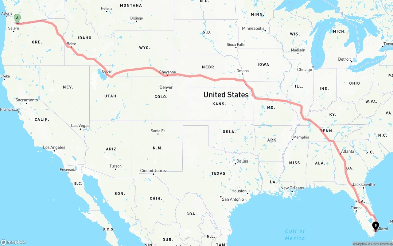 Shipping route from Port of Portland to Miami